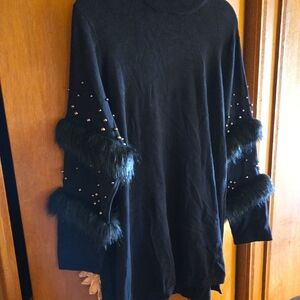 Alfani Black Faux Fur Trim Studded Crew Neck Sweater